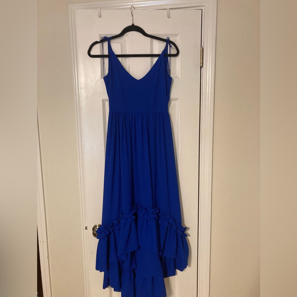 Belle Badgley Mischka ruffle high low ; tie dress